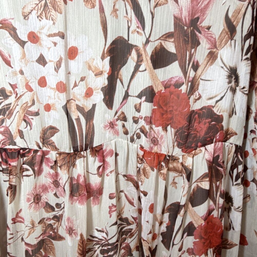 H&M Ivory Red Floral Chiffon Mini Dress 2 V-Neck Balloon Long Sleeve Lined - Picture 2 of 13